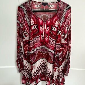 STUNNING Hale Bob silk  Boho Tribal Printed peasant blouse size l
